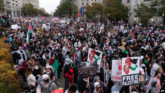 With the U.S Capitol in the background, thousands of anti-war activists rally during a pro-Palestinian demonstration asking for a cease-fire in Gaza, at the Freedom Plaza in Washington, Nov. 4, 2023.
