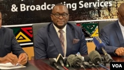 Jenfan Muswere, Zimbabwe Information Minister, seen here on March 7, 2024, in Harare, condemned the U.S. government for imposing fresh sanctions on President Emmerson Mnangagwa and other senior leaders, along with some companies. (Columbus Mavhunga/VOA)