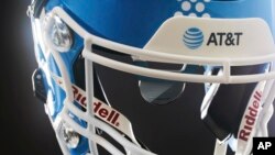 This handout provided by AT&T shows a football helmet developed for quarterbacks who are deaf or hard of hearing, at Gallaudet University in Washington, Sept. 22, 2023. 