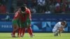 Morocco's players celebrate after winning their men's quarterfinal soccer match 4-0 over the U.S. at the Paris 2024 Olympic Games at the Parc des Princes in Paris on Aug. 2, 2024.