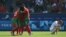 Morocco's players celebrate after winning their men's quarterfinal soccer match 4-0 over the U.S. at the Paris 2024 Olympic Games at the Parc des Princes in Paris on Aug. 2, 2024.