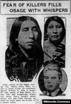 Democrat's January 27, 1926, edition shows Osage murder victims Henry Roan (left), Rita Smith and William W. Vaughan.