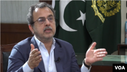 In this screenshot from video, Pakistani Minister for Power Awais Leghari speaks to VOA in his office, Aug. 20, 2024. (Salman Qazi/VOA)