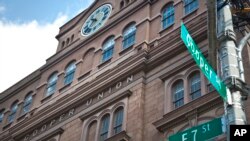 FILE - A detail of Cooper Union's Foundation Building shows its location in the East Village, New York, April 23, 2015.