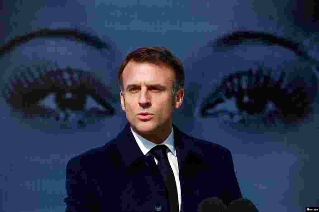 French President Emmanuel Macron speaks during a ceremony to seal the right to abortion in the French constitution, on International Women's Day, at the Place Vendome, in Paris, France.