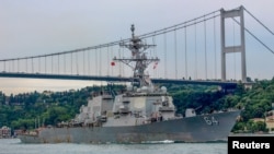 FILE - The U.S. Navy destroyer USS Carney sets sail in the Bosphorus in Istanbul, Turkey, July 14, 2019. The destroyer shot down Houthi drones in the Red Sea on Dec. 3, 2023. 