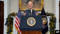 President Joe Biden delivers remarks on funding for Ukraine from the Roosevelt Room of the White House, in Washington, Dec. 6, 2023.