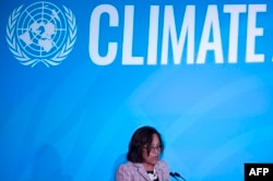 FILE - President of the Marshall Islands Hilda Heine speaks during the U.N. Climate Action Summit in New York City, Sept. 23, 2019.