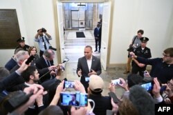 FILE - US House Minority Leader Hakeem Jeffries speaks to the media at the U.S. Capitol in Washington, DC, on May 30, 2023.