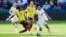Colombia's Linda Caicedo, left, and South Korea's Ji So-yun compete for the ball during the Women's World Cup Group H soccer match between Colombia and South Korea at the Sydney Football Stadium in Sydney, Australia, July 25, 2023. 
