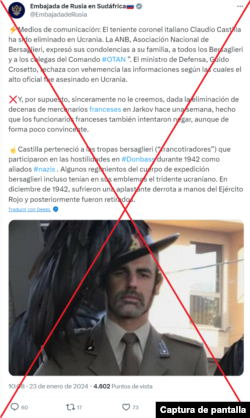 Captura del post hecho por la embajada rusa.