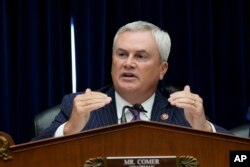 FILE - Oversight Committee Chairman James Comer, a Kentucky Republican, speaks during the impeachment inquiry hearing into President Joe Biden, on Capitol Hill in Washington, Sept. 28, 2023.