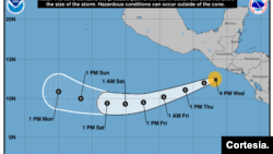 Cono de trayectoria de la tormenta tropical Pilar, el miércoles 1 de noviembre a las 4 p.m. CDT. NHC