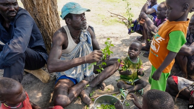 FILE - A displaced man and children rip leaves off branches, preparing to boil and eat them, in Kowach village in Canal Pigi county, Jonglei State, South Sudan, May 5, 2023. The country is due to hold presidential elections in 2024.