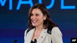 FILE - Gov. Gretchen Whitmer speaks during a news conference in Lansing, Michigan, Jan. 25, 2022.