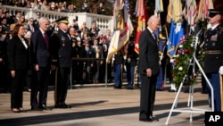 U.S. President Joe Biden pauses as he lays a wreath at the Tomb of the Unknown Soldier at Arlington National Cemetery in Arlington, Virginia, Nov. 11, 2023.