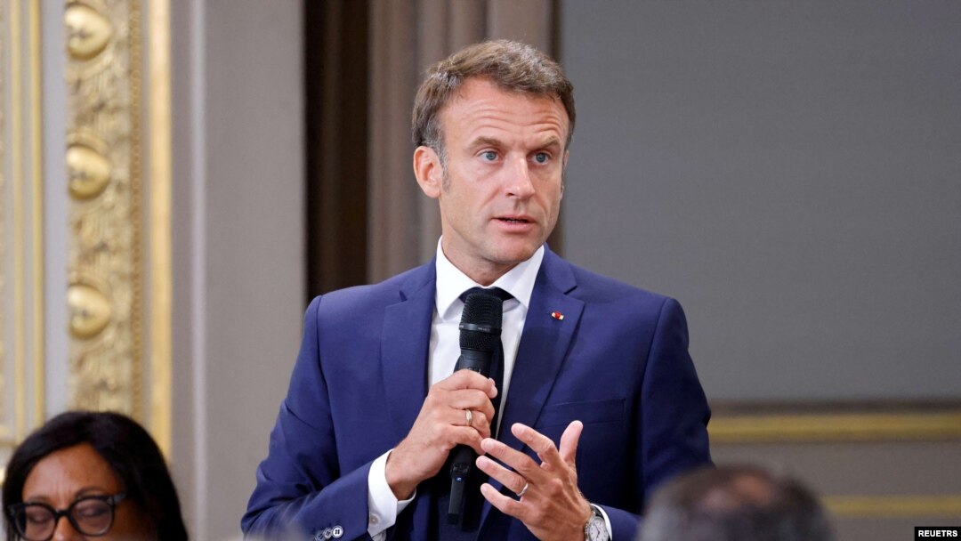France's President Emmanuel Macron addresses mayors of cities affected by the violent clashes that erupted after a teen was shot dead by police last week, during a meeting at the presidential Elysee Palace in Paris, France, July 4, 2023. 