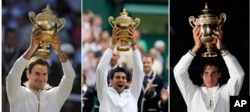 FILE - This combo made from 2009, left, 2008, center, and 2011 file photos shows from left: Roger Federer, Rafael Nadal and Novak Djokovic after winning at Wimbledon. (AP Photo/FILE)
