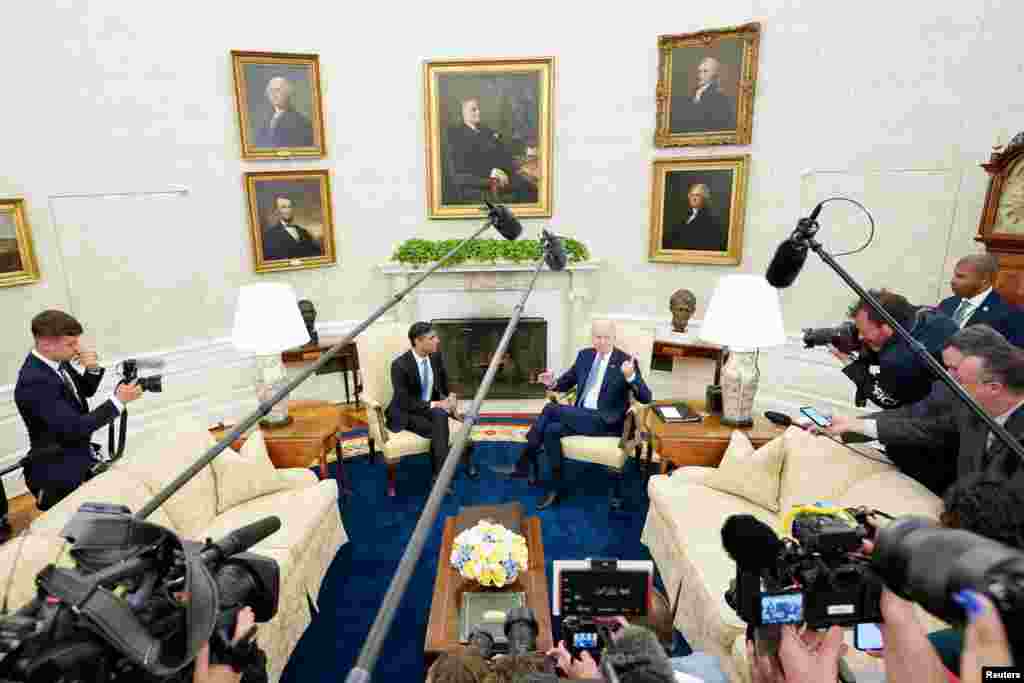 U.S. President Joe Biden meets with British Prime Minister Rishi Sunak in the Oval Office of the White House in Washington, D.C.