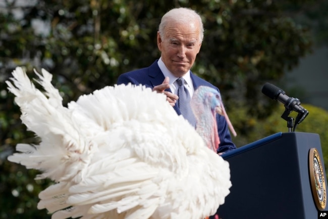 President Joe Biden speaks after pardoning the national Thanksgiving turkey, Liberty, during a pardoning ceremony at the White House in Washington, Monday, Nov. 20, 2023. (AP Photo/Susan Walsh)