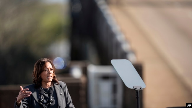 Vice President Kamala Harris speaks before walking with others across the Edmund Pettus Bridge commemorating the 59th anniversary of the 1965 Bloody Sunday voting rights march, March 3, 2024, in Selma, Alabama.