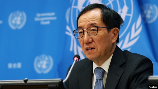 3월 유엔 안전보장이사회 순회 의장국을 맡은 일본의 야마자키 카즈유키 주유엔 대사가 1일 뉴욕 유엔본부에서 기자회견을 했다.