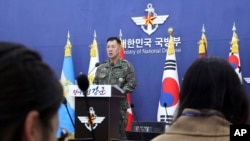In this photo provided by the Korea Defense Daily and released by South Korea's Defense Ministry, senior South Korean military officer Kang Hopil speaks at the Defense Ministry in Seoul, Nov. 20, 2023. 