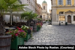 FILE - Flowerbeds and cobblestone street in Lviv city center. (Adobe Stock Photo by Ruslan)