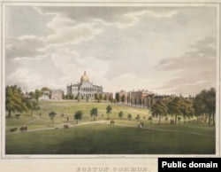 Cows grazed on Boston Common up until 1830. The Massachusetts State House is across the street from the park.