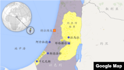 以色列、加沙地带、约旦河西岸诸城市地图： 拉马拉、斯德洛特、特拉维夫、耶路撒冷、汗尤尼斯和阿什杜德
