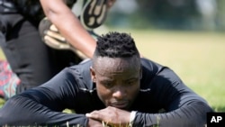 Ferdinand Omanyala undergoes a training session in preparation for the 2024 Summer Olympics at Moi International Sports Centre Kasarani Stadium in Nairobi, Kenya, July 1, 2024.