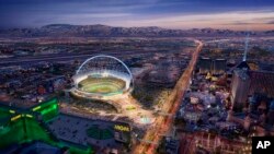 FILE - This rendering provided by the Oakland Athletics on May 26, 2023, shows a view of their proposed new ballpark at the Tropicana site in Las Vegas.