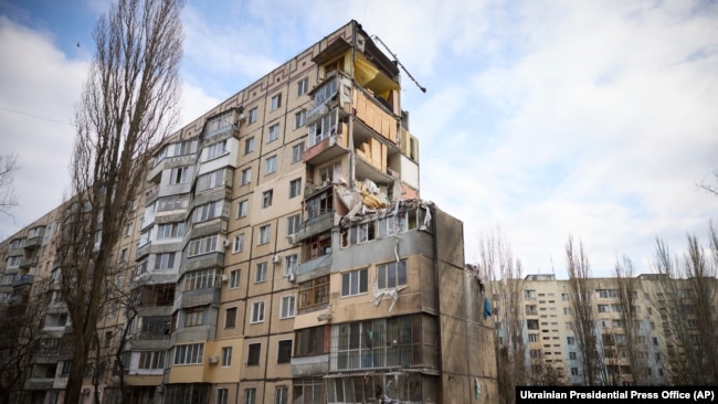 A damaged apartment building is seen near the location of a March 2 Russian attack during a visit of Ukrainian President Volodymyr Zelenskyy and Greece's Prime Minister Kyriakos Mitsotakis in Odesa, Ukraine, March 6, 2024.