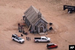 FILE - This aerial photo shows part of the Bonanza Creek Ranch film set in Santa Fe, New Mexico, Oct. 23, 2021. On Jan. 19, 2024, a grand jury indicted Alec Baldwin on an involuntary manslaughter charge related to a 2021 fatal shooting on the set.