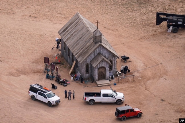 FILE - This aerial photo shows part of the Bonanza Creek Ranch film set in Santa Fe, New Mexico, Oct. 23, 2021. On Jan. 19, 2024, a grand jury indicted Alec Baldwin on an involuntary manslaughter charge related to a 2021 fatal shooting on the set.