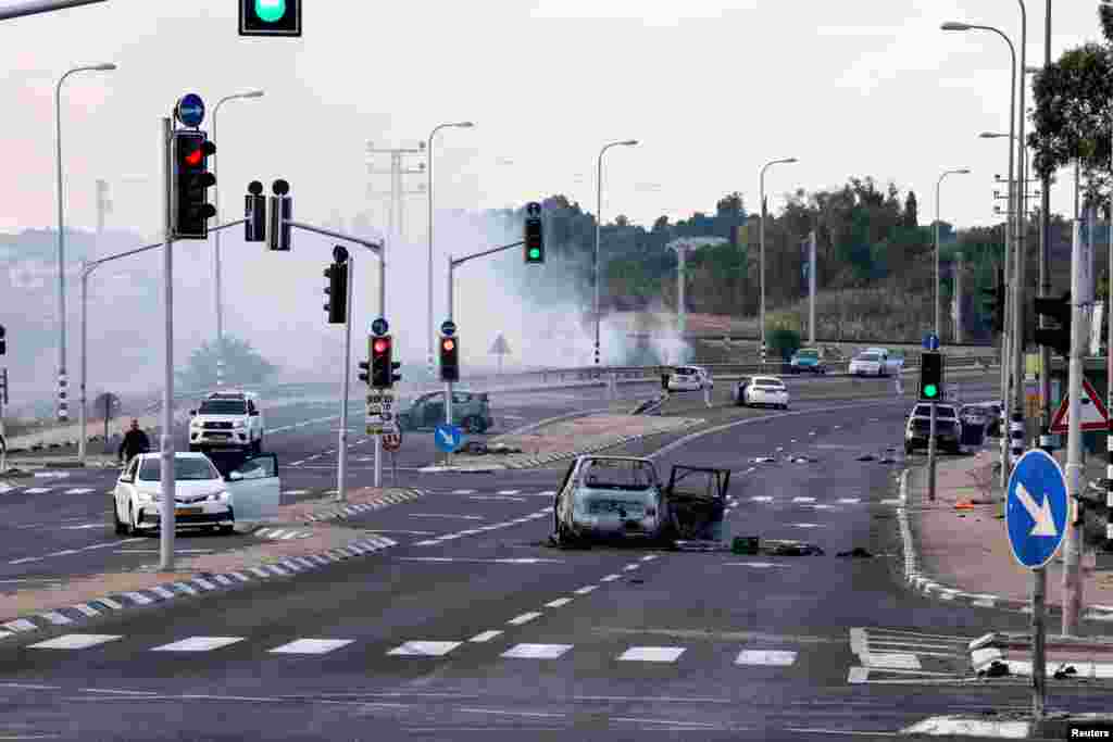 A view of a junction in the Sderot area, southern Israel, shows the aftermath of a mass-infiltration by Hamas gunmen from the Gaza Strip, Oct. 7, 2023.