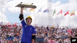 Britain's Andy Macdonald reacts after his first run during the men's skateboarding park preliminaries at the 2024 Summer Olympics, in Paris, France, Aug. 7, 2024.