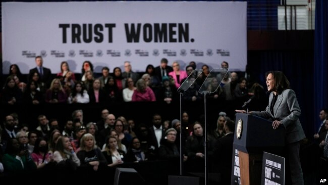 Vice President Kamala Harris speaks at the International Union of Painters and Allied Trades District Council 7, Jan. 22, 2024, in Big Bend, Wis. Harris' visit was the first in a series of nationwide events focused on abortion rights.