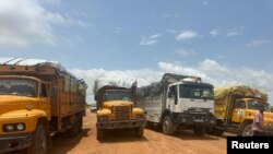 A handout image shows aid trucks with relief material for Sudan's Darfur region, at a location given as the border of Chad and Sudan, released on Aug. 21, 2024.