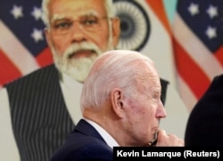 资料照：拜登总统在白宫与印度总理莫迪就俄乌战争问题举行视频峰会。（2022年4月11日）