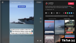 Tangkapan layar dari video yang diposting ke TikTok pada tanggal 23 Januari 2024, yang secara keliru mengklaim menunjukkan kapal kargo militer Amerika "Ocean Jazz" di Teluk Aden setelah dugaan "serangan Houthi".