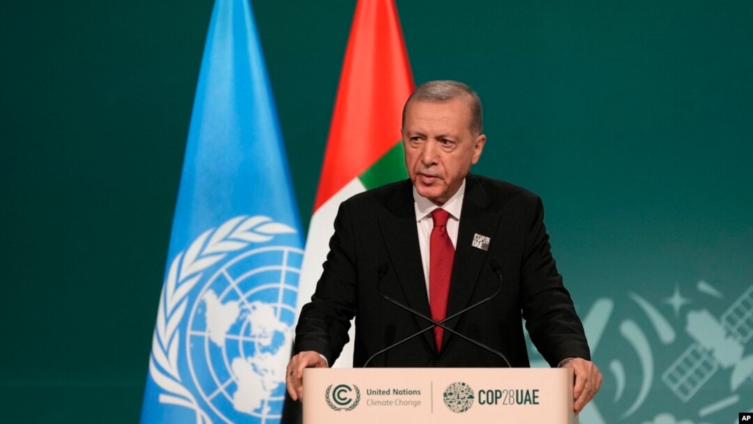 Tổng thống Thổ Nhĩ Kỳ Recep Tayyip Erdogan phát biểu trong phiên họp toàn thể tại Hội nghị thượng đỉnh về khí hậu của Liên Hiệp Quốc (COP28), ở Dubai, Các Tiểu vương quốc Ả Rập Thống nhất, ngày 1/12/2023.
