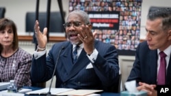 Rep. Gregory Meeks, the top Democrat on the House Foreign Affairs Committee, reacts to stories told by the families of victims of the Hamas attacks in Israel, at the Capitol in Washington, Nov. 29, 2023.