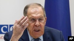 Russia's Foreign Minister Sergey Lavrov talks to the media at a news conference during the Organization for Security and Co-operation in Europe Ministerial Council meeting in Skopje, North Macedonia, Dec. 1, 2023.