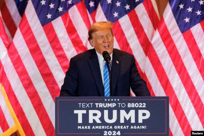 Republican presidential candidate and former U.S. President Donald Trump speaks at a watch party event to mark the Super Tuesday primary elections at his Mar-a-Lago property, in Palm Beach, Florida, March 5, 2024.
