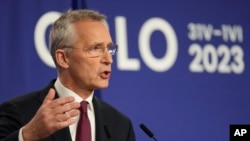 NATO Secretary-General Jens Stoltenberg speaks during a media conference after the meeting of NATO foreign ministers in Oslo, Norway, June 1, 2023.