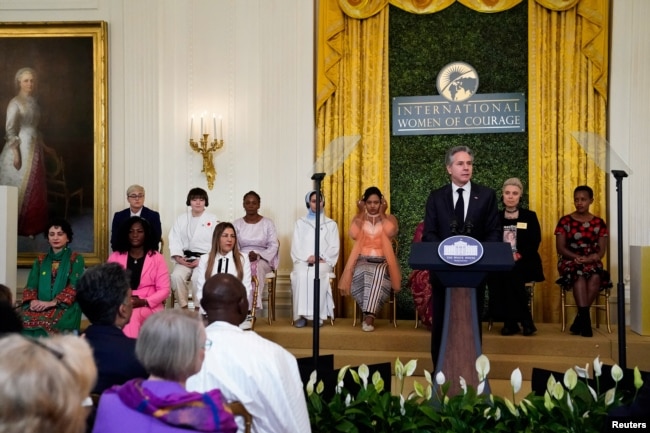 U.S. Secretary of State Antony Blinken speaks during the 18th annual International Women of Courage Award Ceremony ahead of International Women's Day at the White House in Washington, March 4, 2024.