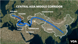 The Middle Corridor is a trade route between China and the West via the Caspian Sea, passing through Kazakhstan, Azerbaijan and Georgia to the Black Sea.
