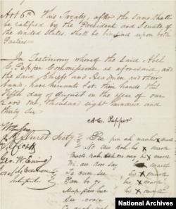 The signature page of the treaty between the U.S. and the Potawatomi was signed Near Yellow River, Indiana, on August 5, 1836.