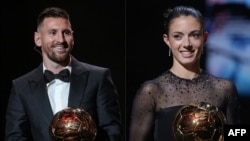 Les recipiendaires du Ballon d'or 2023 Lionel Messi et Aitana Bonmati.